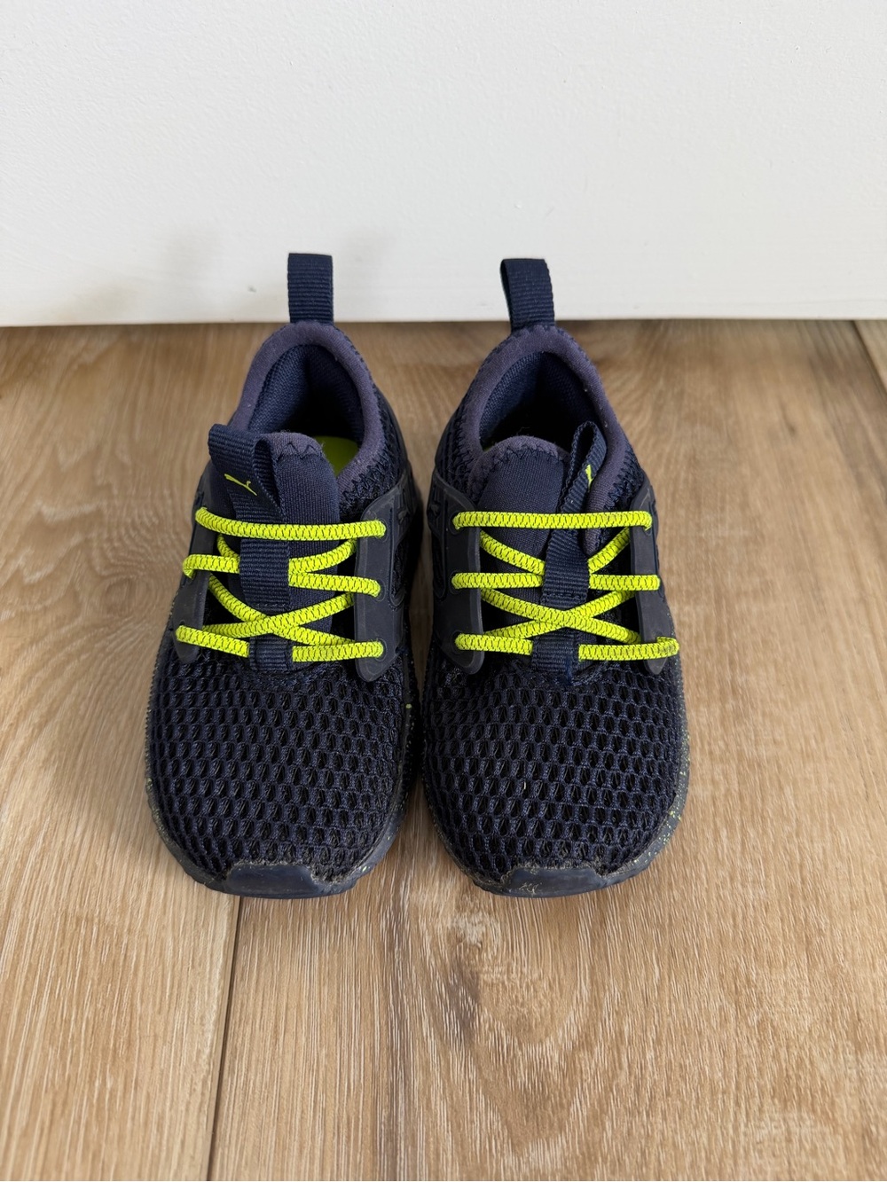Kids Puma Navy Mesh Sneakers with Neon Yellow Laces